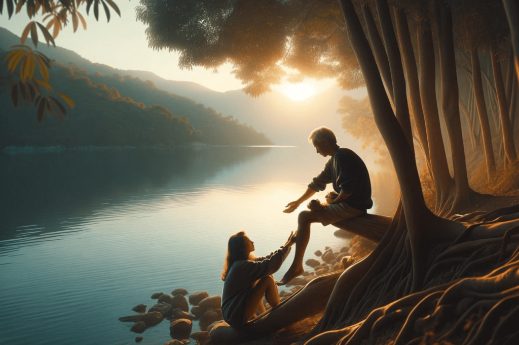 Persona reflexionando en la naturaleza junto a un lago tranquilo, simbolizando la introspección y la conexión humana con el entorno